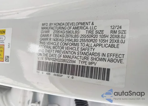 2025 Honda Pilot Sport из США, поврежденный, VIN 5FNYG2H32SB022594